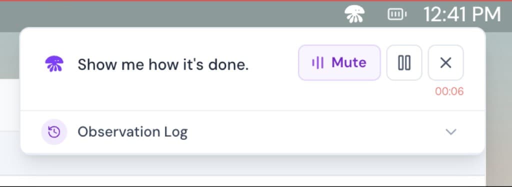 The Latch panel while recording: Show me how it's done, with mute, pause and stop