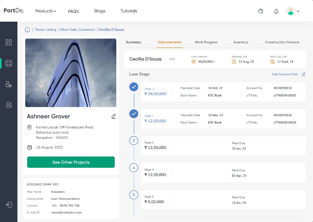 HDFC loan tool: PortDe disbursements tab with customer summary, loan stage timeline, and payment milestones.