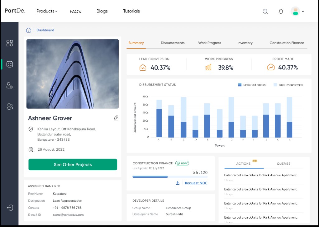 HDFC loan tool: PortDe project summary with sidebar, metrics, disbursement chart, and actions.