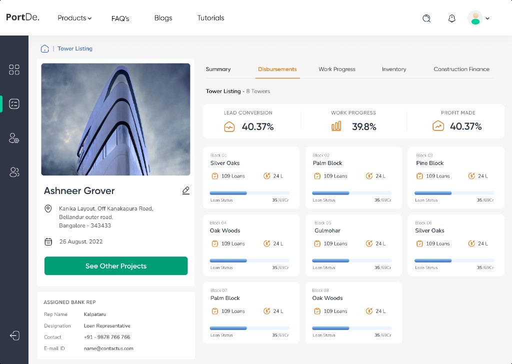 HDFC loan tool: PortDe tower listing with lead metrics and a grid of tower blocks, loans, and disbursement status.