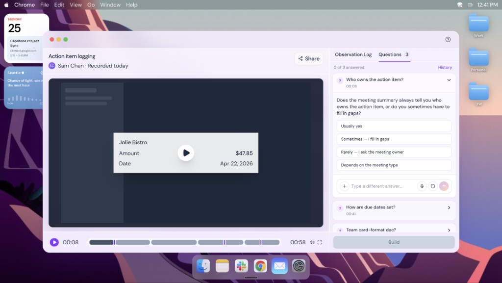 Latch action item logging UI: captured steps listed for review with options to edit, re-record, and add context before committing to automation.