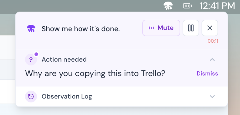 Latch follow-up prompt asking why the user is copying content into Trello, with action needed dismiss control.