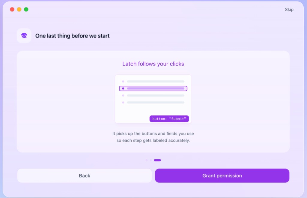 Onboarding screen explaining that Latch tracks clicks on buttons and fields.