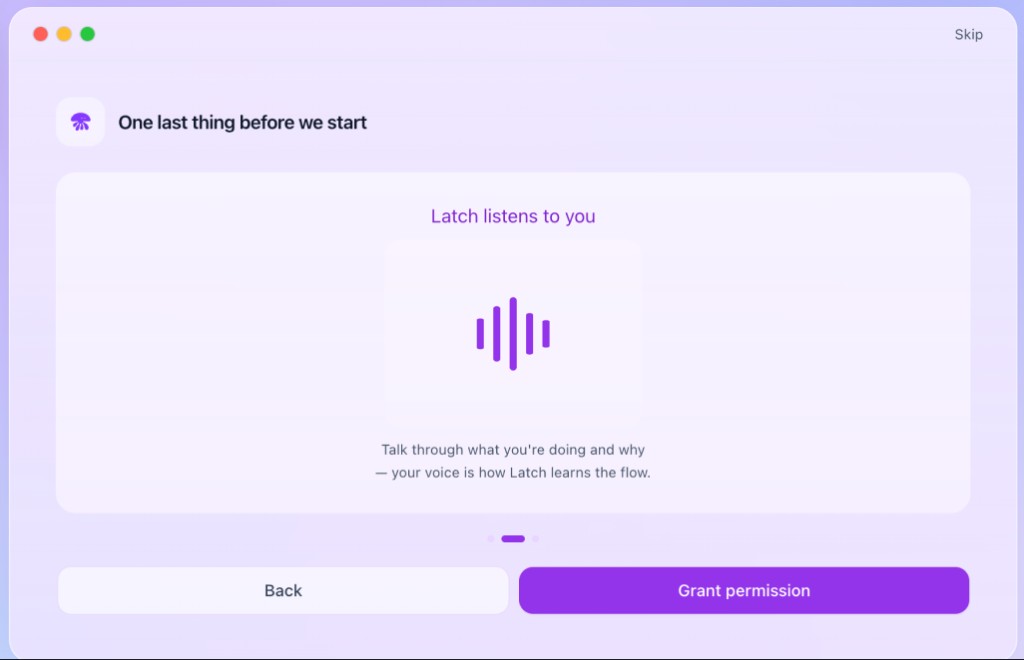 Onboarding screen explaining that Latch listens to voice narration during capture.