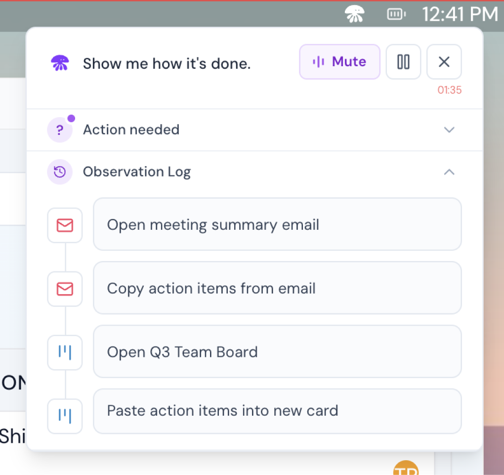 Latch observation log showing captured workflow steps from email to Trello board with expandable action history.