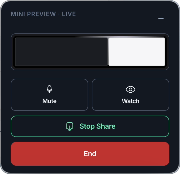 Mini preview control panel marked LIVE with preview stage, Mute and Watch actions, green Stop Share button, and red End button.