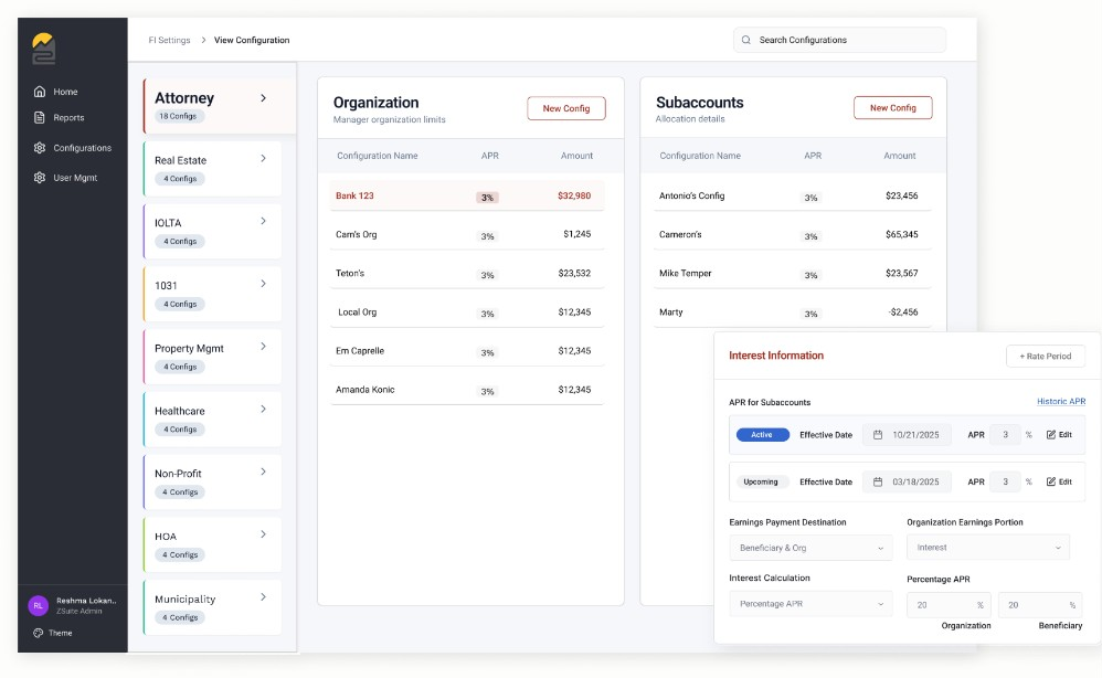 ZSuite FI Settings dashboard with category list, organization and subaccounts tables, and Interest Information panel